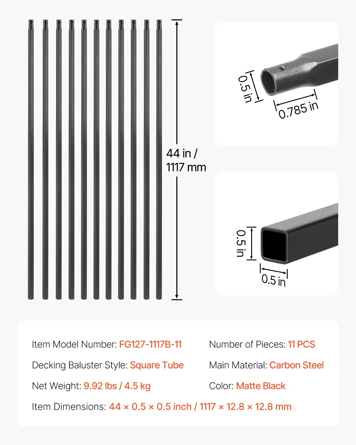 VEVOR Staircase Balusters 11 Pack, 44 Inch Durable Carbon Steel Stair Balusters, 0.5 Inch Square Metal,-$35