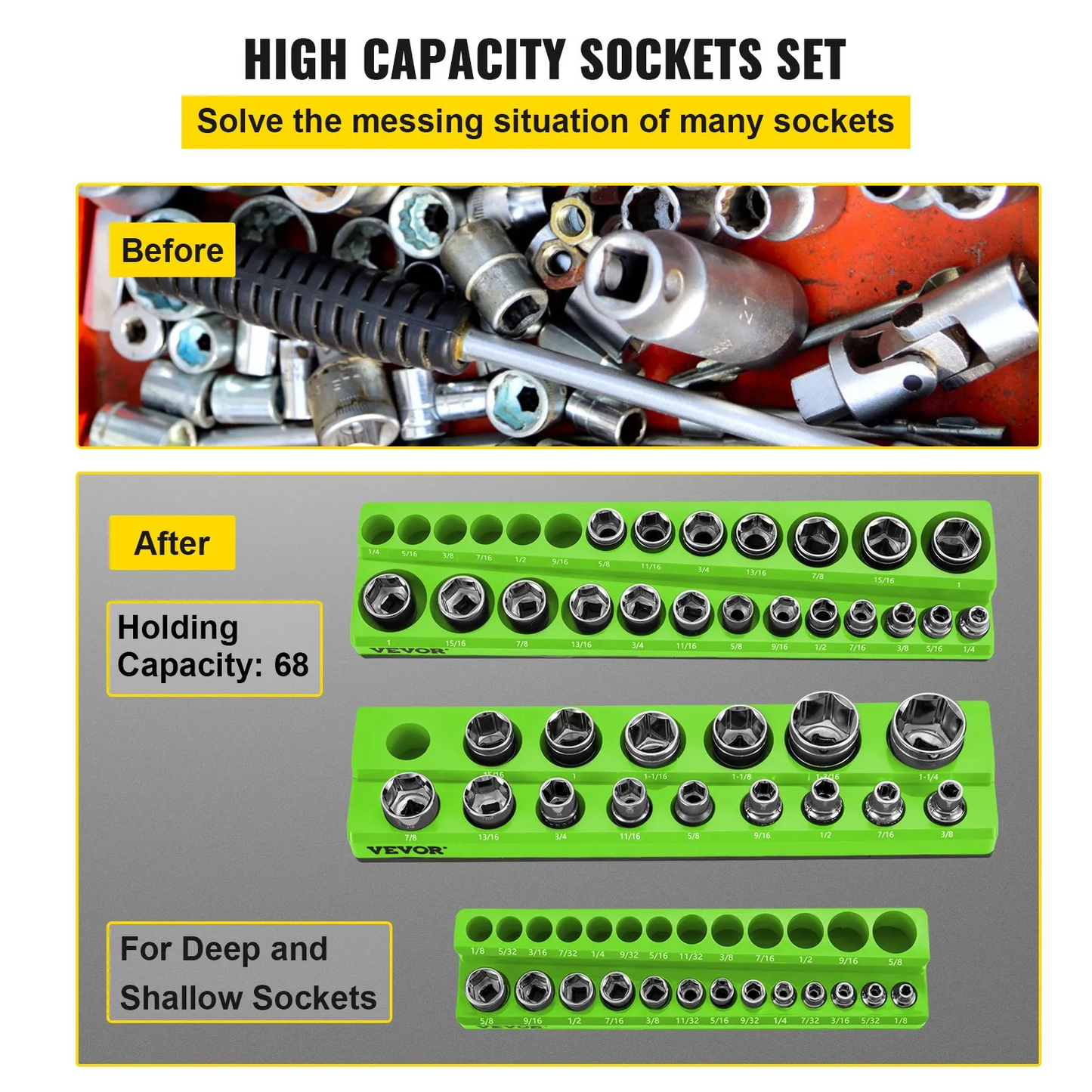 VEVOR 3-Pack SAE Magnetic Socket Organizers, 1/2-inch, 3/8-inch, 1/4-inch Drive Socket Holders Hold 68 Sockets