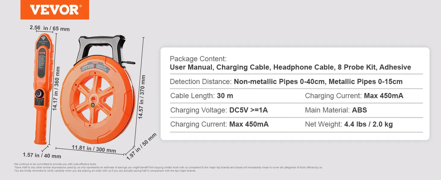 VEVOR Pipe Locators, 100ft/30m PVC Pipe Locators Underground, IP67 Waterproof Pipe Blockage,-$55