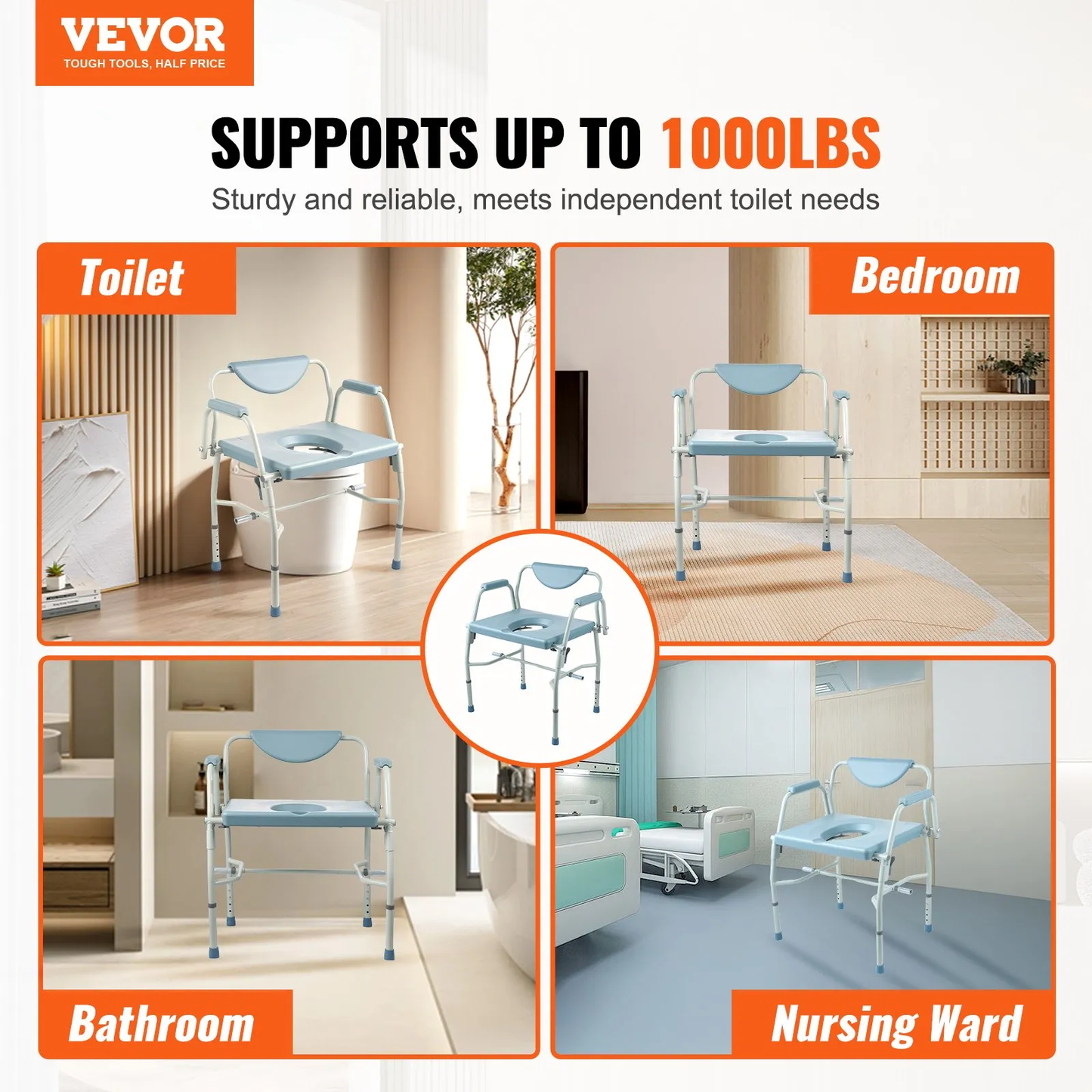 VEVOR Commode Chair, Bedside Commode with Drop-Down Arms and Detachable Backrest,-$80