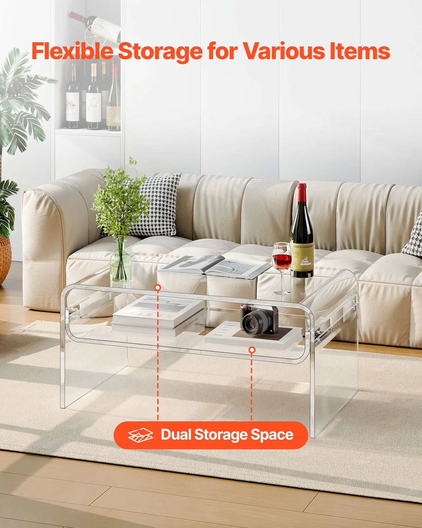 VEVOR Acrylic Coffee Table, 2 Tiers Center Table with Storage Shelf,19.7 x 31.5 x 15 in (Clear),-$120