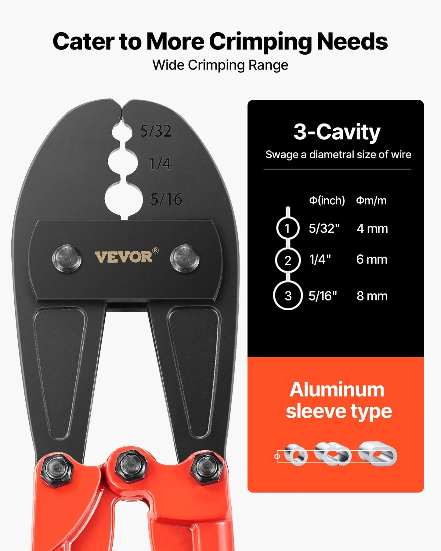 VEVOR 30 Inch Hand Swager Crimper 3 Cavity 5/32 1/4 5/16inch Swaging Tool for Copper Aluminum Oval Sleeves