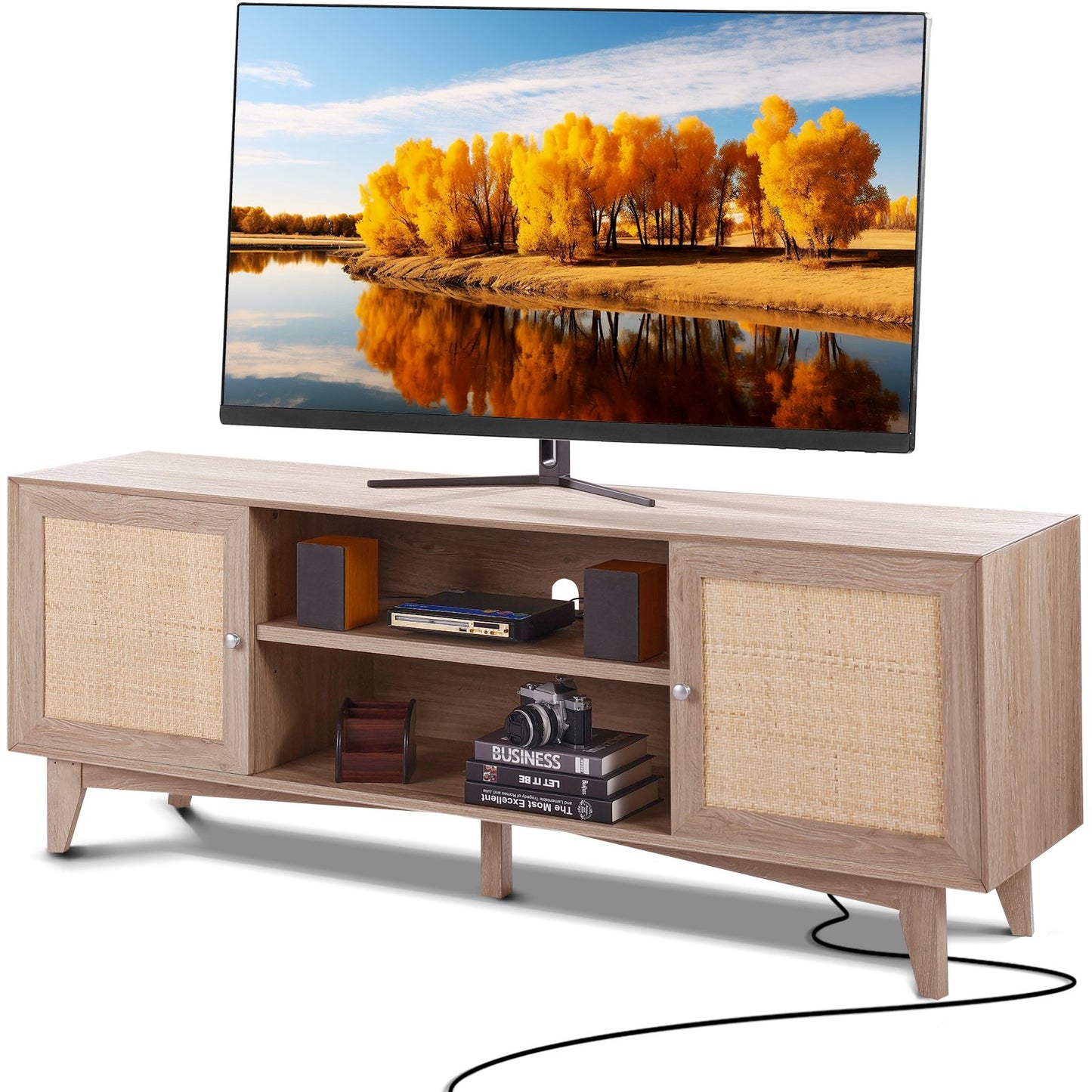 BNIB-VEVOR Rattan TV Stand for 75" TV Boho TV Stand with Build-in Socket Oak,-$220