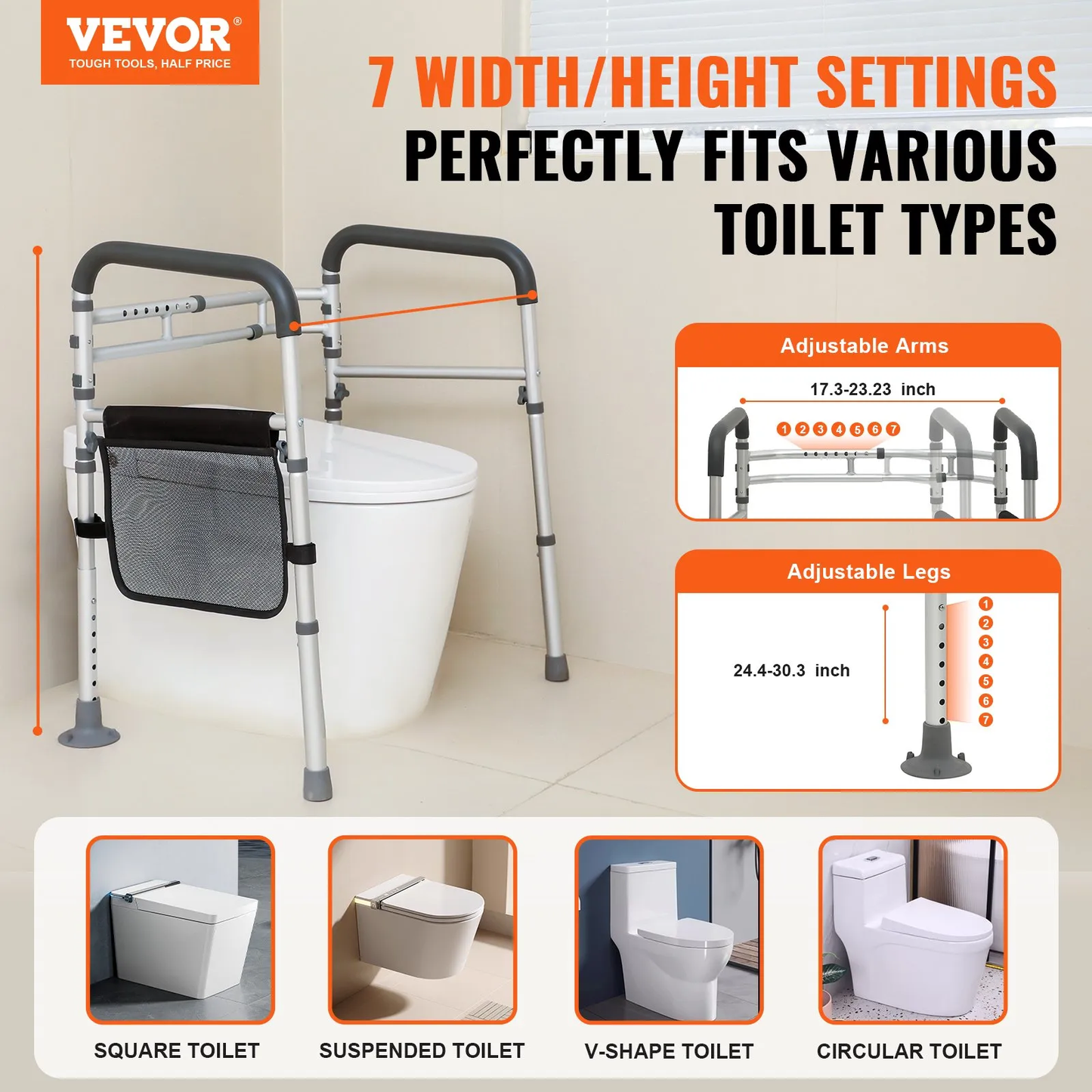 VEVOR Toilet Safety Rail, Folding Toilet Seat Frame, Adjustable Width & Height Fit Most Toilets,-$35
