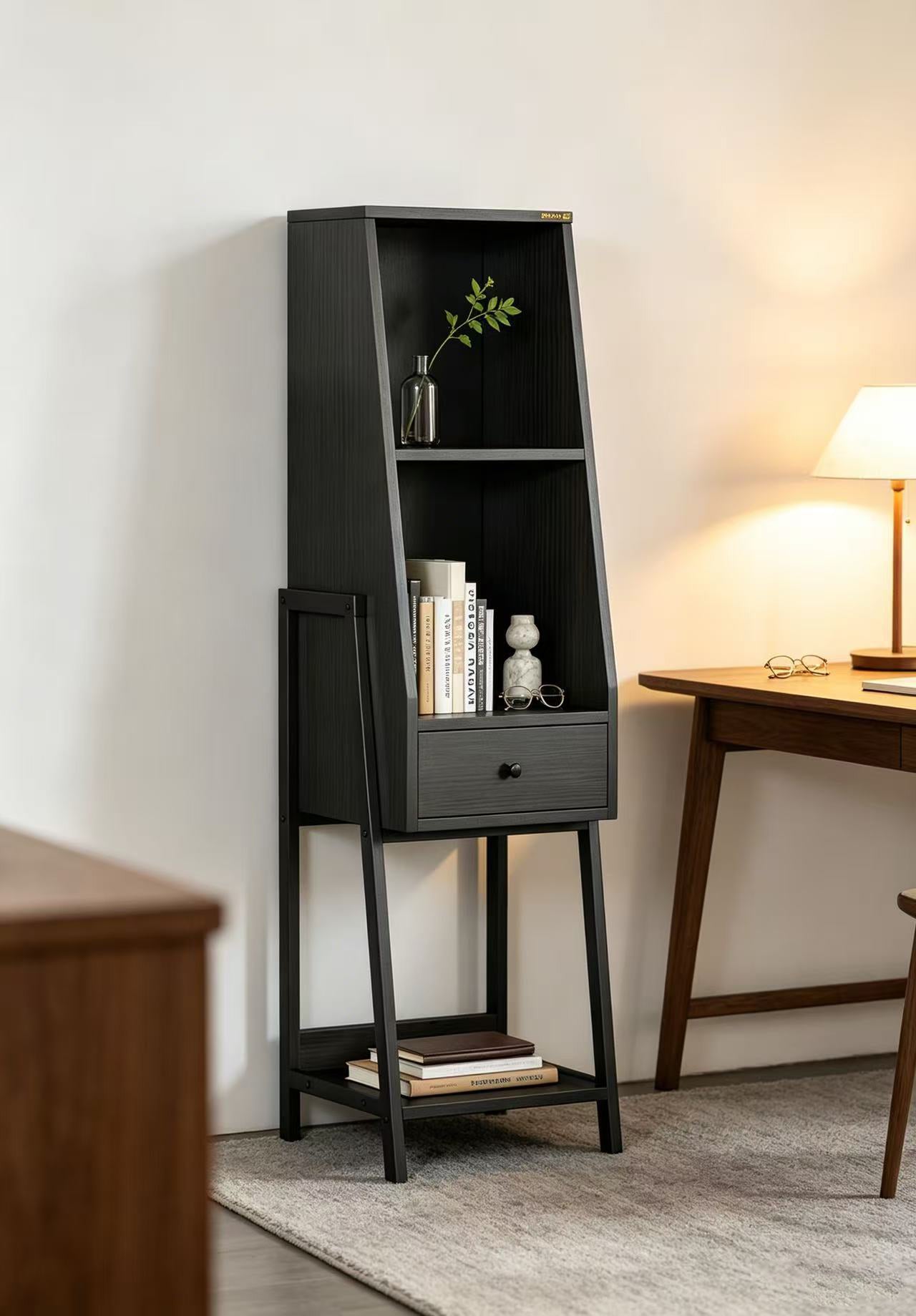 BNIB- Modern Slim 3-Tier Ladder Shelf w/1 Drawer, Freestanding Storage Shelves (Black),-$60