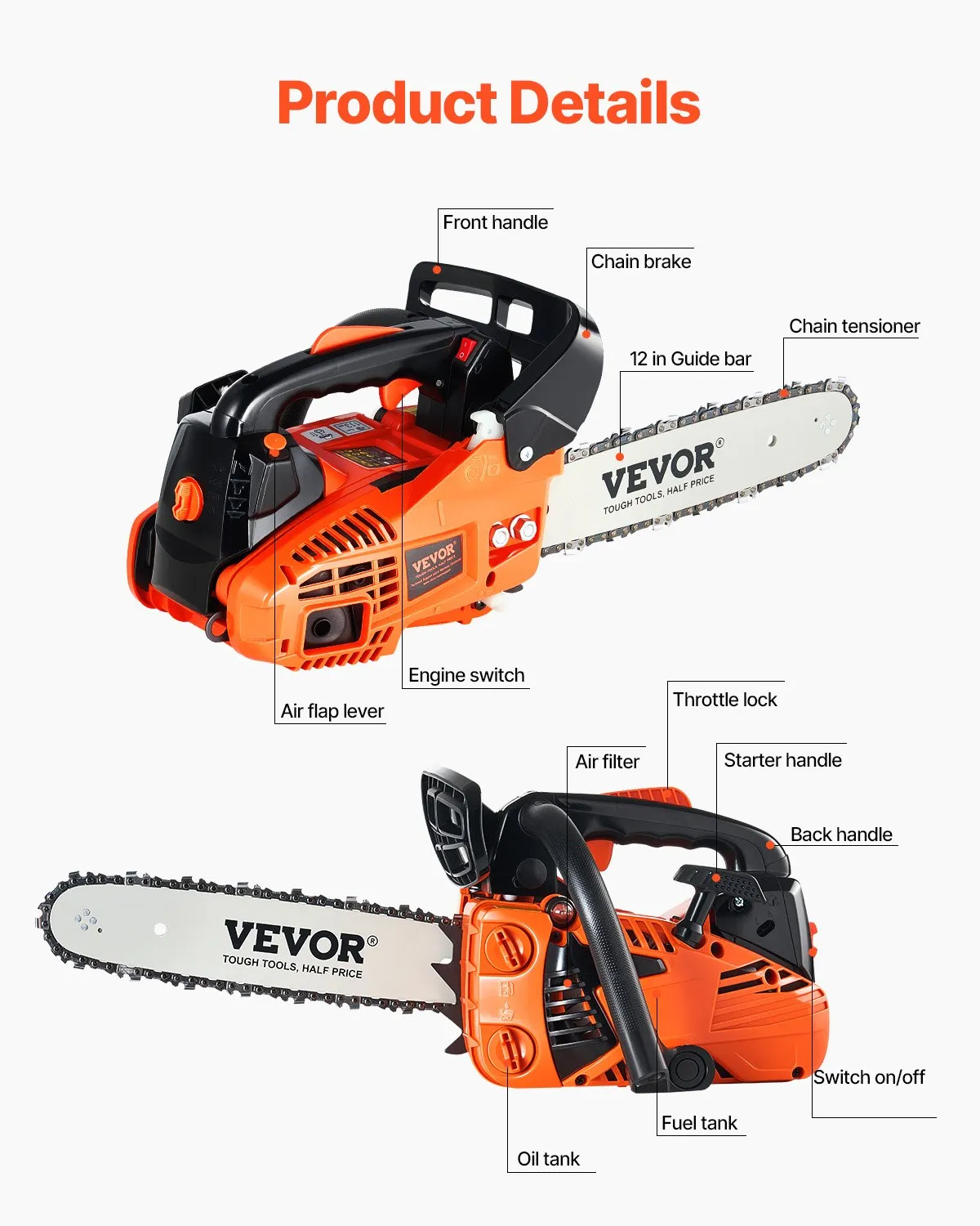 VEVOR Gas Chainsaw, 25.4CC 12" 1.2HP, Gasoline Powered Chain Saw, Handheld Cordless,-$80