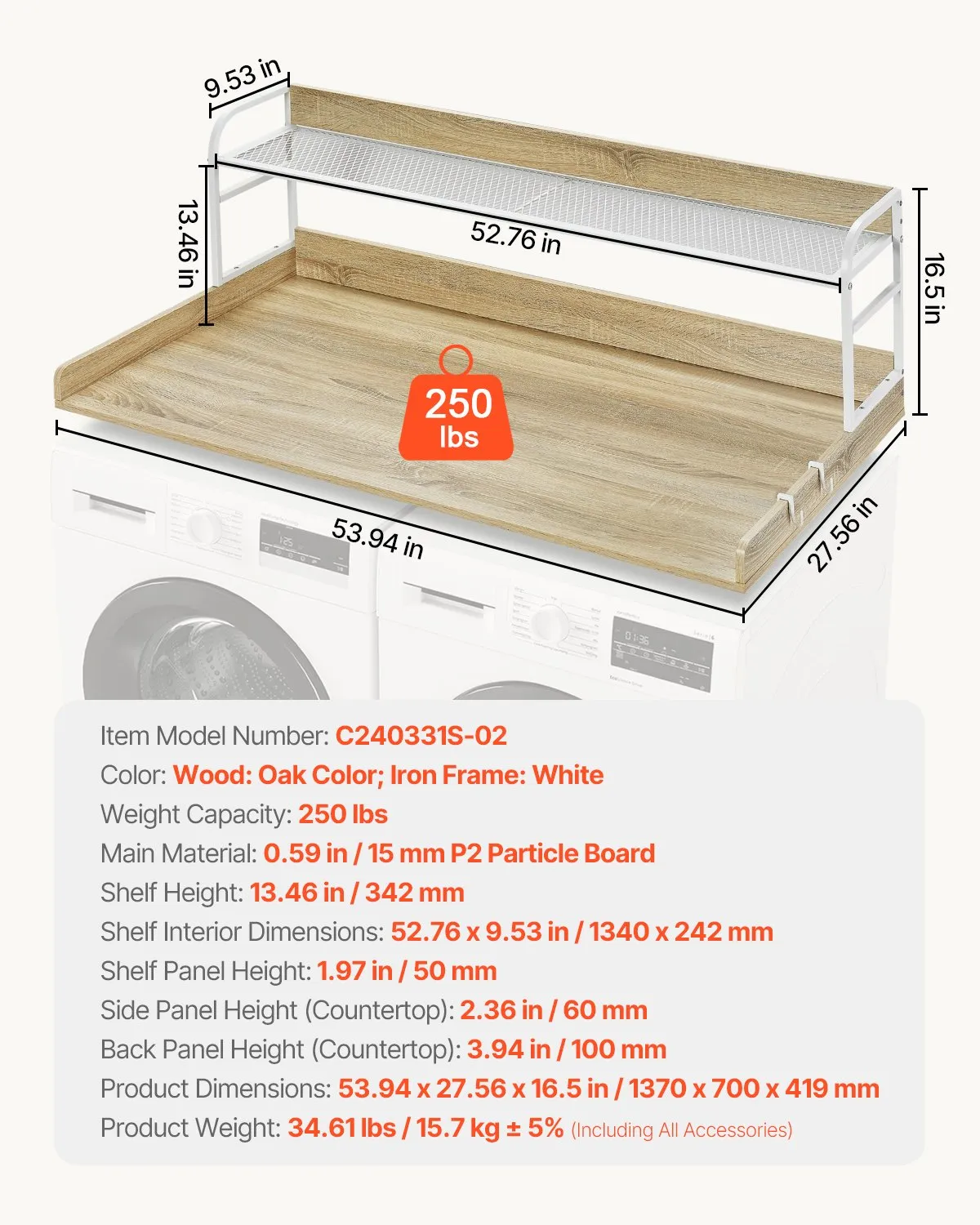 VEVOR Washer Dryer Countertop with 2-Tier Shelf, 54" x 27" Wooden Washer and Dryer Countertop
