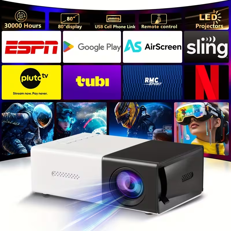 BNIB-Mini Portable LED Projector, 80" Large Screen Home Theater Projector with USB Phone Link,-$20