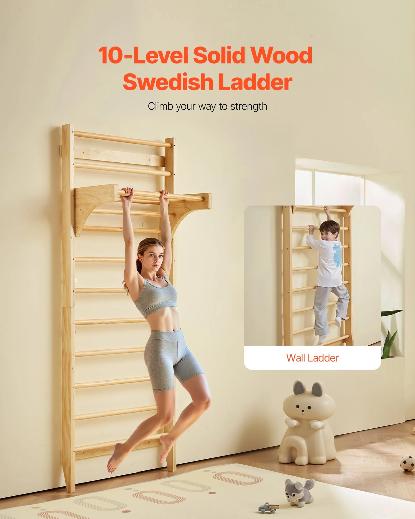VEVOR Swedish Ladder Wall Gym, 10-Level Solid Wood Indoor Jungle Gym, 220lbs Loading Indoor,-$110