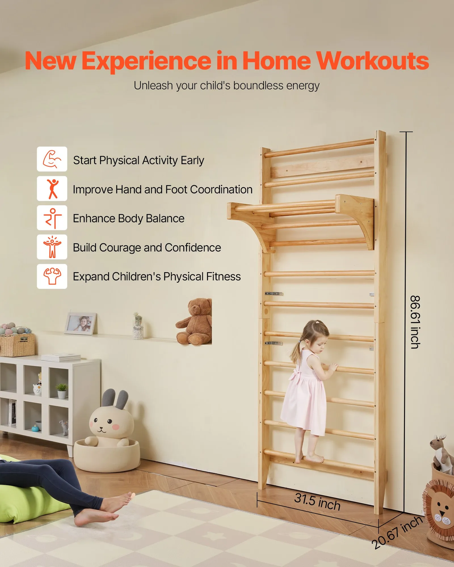 VEVOR Swedish Ladder Wall Gym, 10-Level Solid Wood Indoor Jungle Gym, 220lbs Loading Indoor,-$110