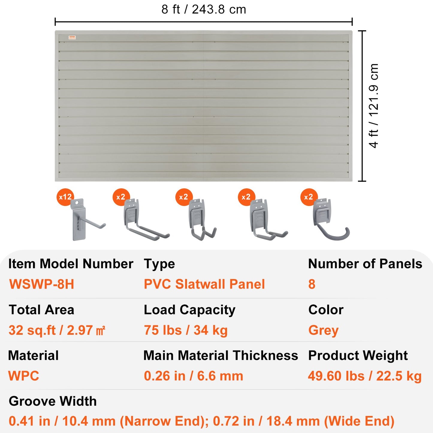 BNIB-VEVOR Slatwall Panels with Hooks, 4 ft x 1 ft Gray Garage Wall Panels 12"H x 48"L (Set of 8 Panels),-$180