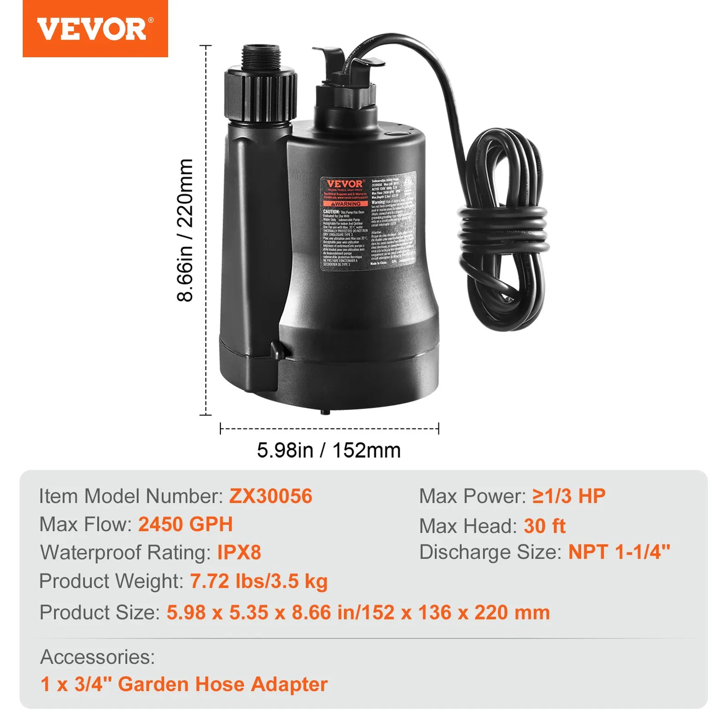 VEVOR Utility Pump, 1/3 HP, 2450 GPH High Flow, 30 ft Head, Sump Pump Submersible Water Pump,-$50