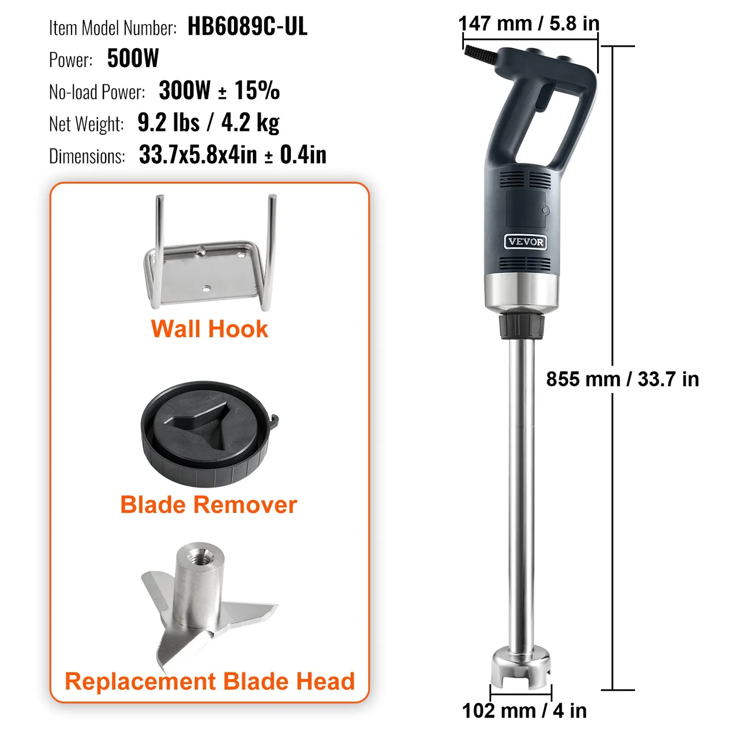 VEVOR Commercial Immersion Blender, 500 Watt Heavy Duty Hand Mixer, Variable Speed Stick Mixer,-$140