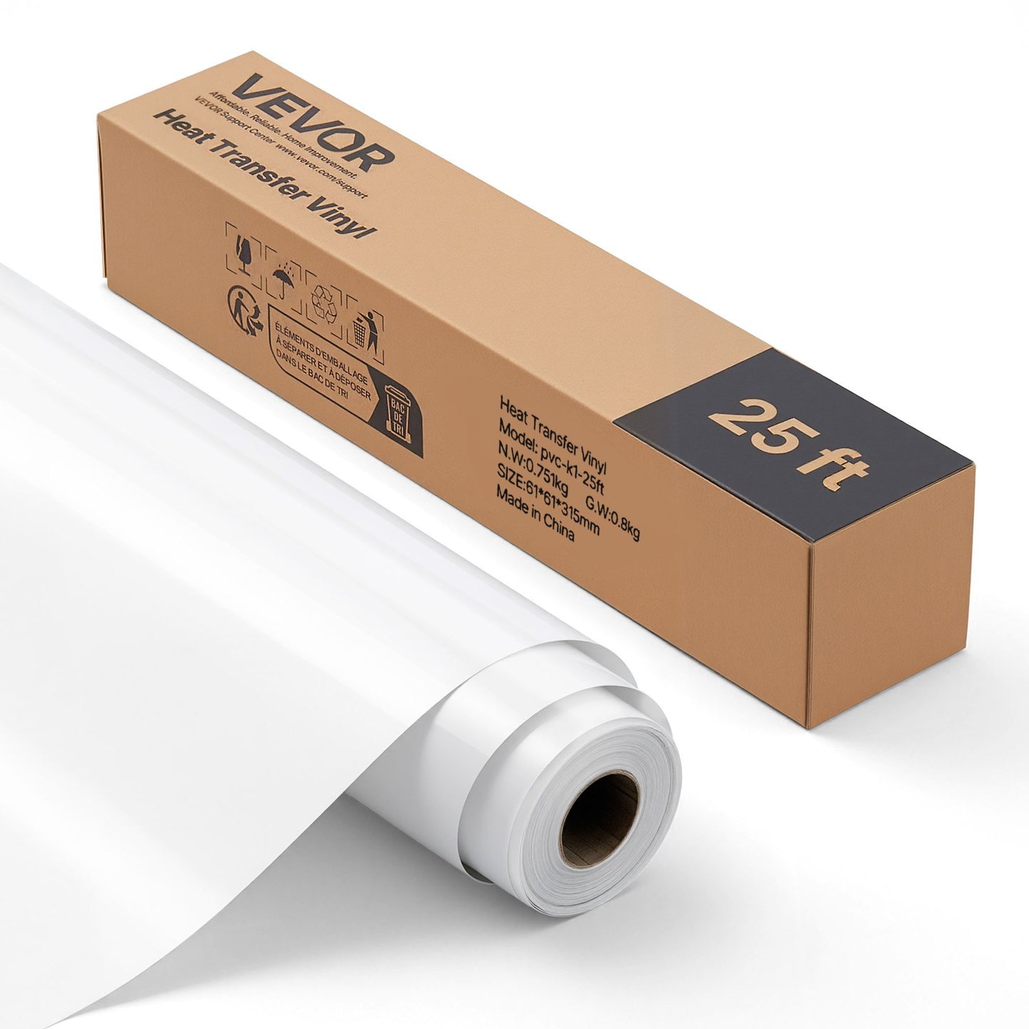 VEVOR Heat Transfer Vinyl, 12 in x 25 ft, Glossy White HTV Iron on Vinyl Roll,-$15