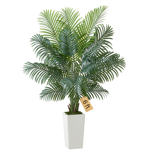 VEVOR Artificial Areca Palm Tree 6 ft, Fake Palm Tropical Plants with White Tall Planter,-$55