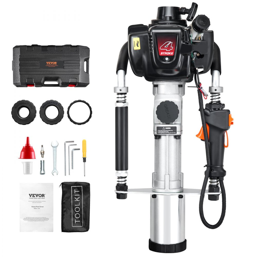 VEVOR 37.77cc Gas-Powered T Post Driver, 4-Stroke Engine Gasoline Fence Piling Pounder, with 3 Post Driving Head
