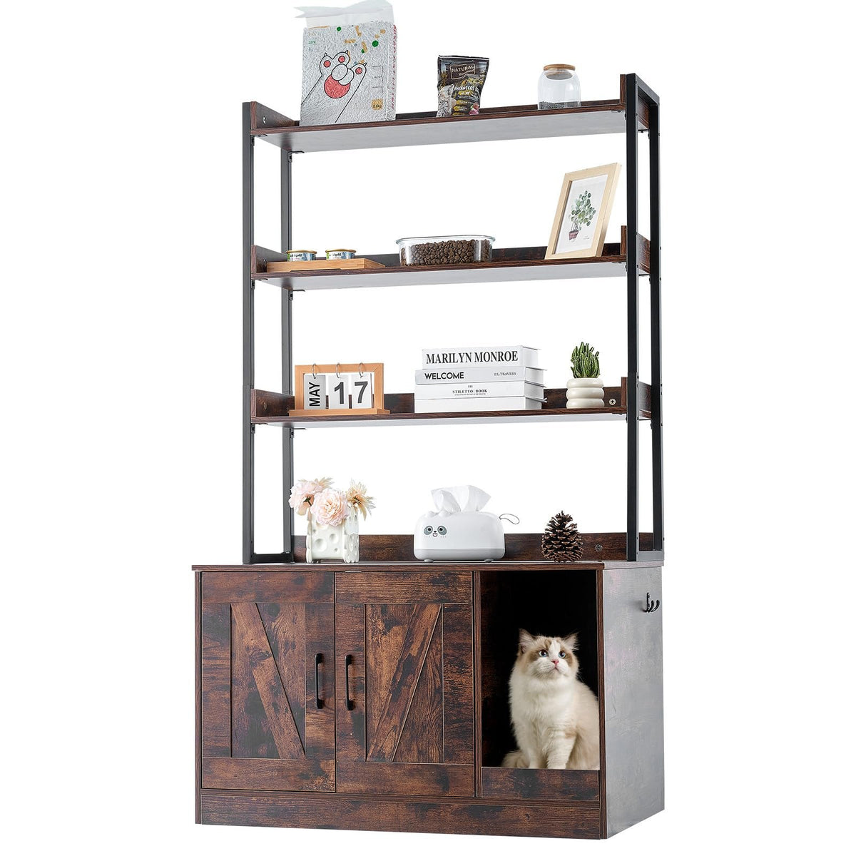 VEVOR Cat Litter Box Enclosure,Hidden Litter Box Furniture w/3 Storage Shelves,Wooden Cat Washroom Indoor,Large Cat House Cabinet Hidden Fit Most Litter Box
