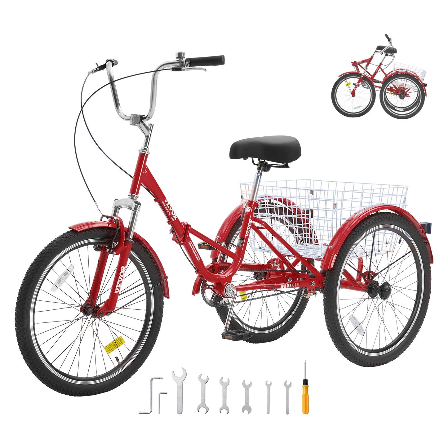 VEVOR Folding Adult Tricycle, 24-Inch Adult Folding Trikes, Carbon Steel 3 Wheel Cruiser Bike,-$250