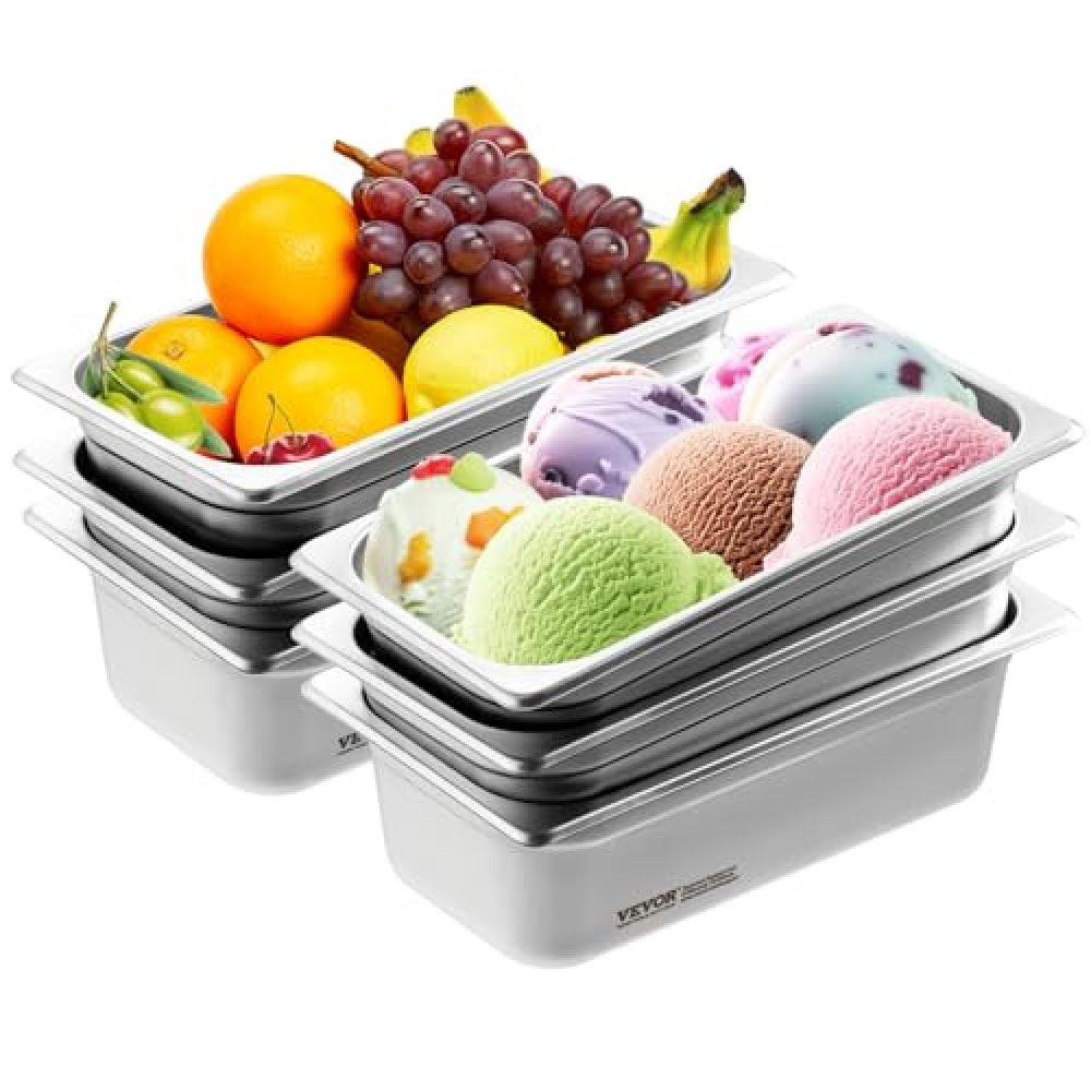 VEVOR 6 Pack Hotel Pans, 1/3 Size Anti-Jam Steam Pan, 0.8mm Thick Restaurant Steam Table Pan,-$35