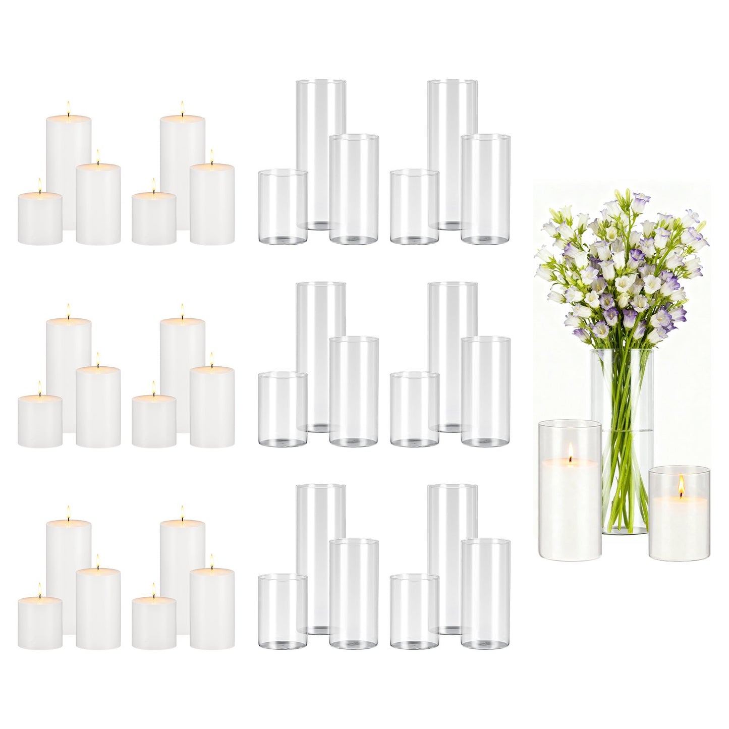OPen Box(Used)VEVOR Pillar Candles and Glass Vases Set 36 Pcs, Clear Cylinder Hurricane Candle Holders,-$60