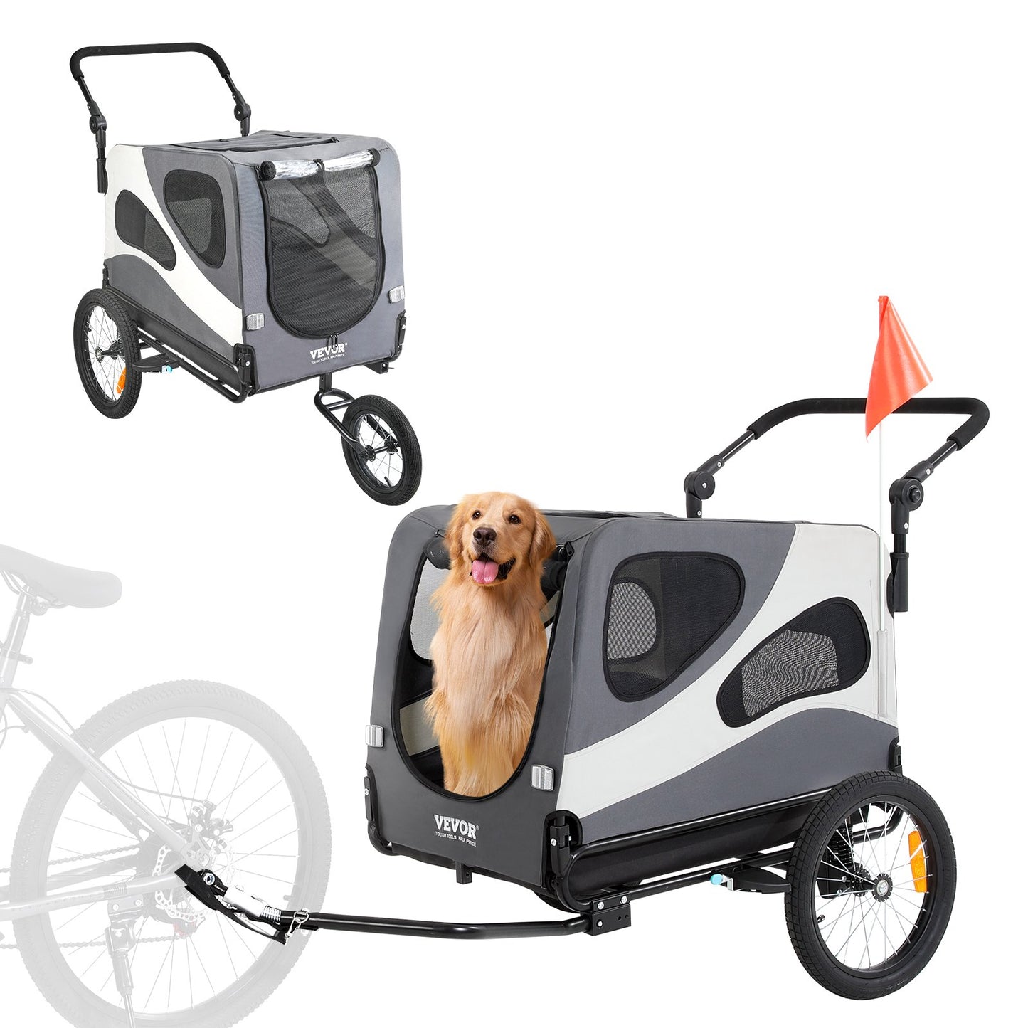 VEVOR Dog Bike Trailer, Supports up to 100 lbs, 2-in-1 Pet Stroller Cart Bicycle Carrier, Easy Folding,-$180
