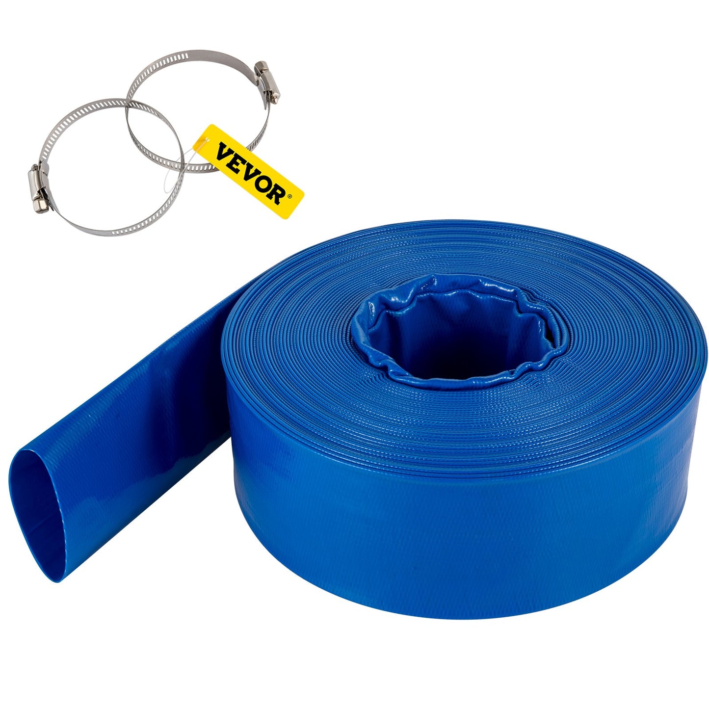 VEVOR Discharge Hose, 1-1/2" x 100', PVC Fabric Lay Flat Hose, Heavy Duty Backwash Drain Hose with Clamps