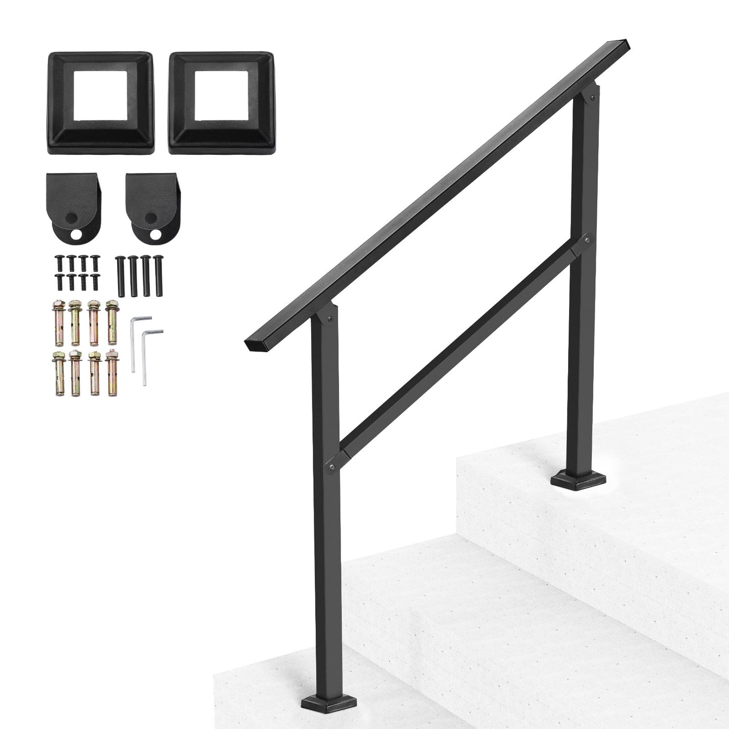 VEVOR Outdoor Handrails for Steps, 2-3 Step Stair Rail Kit, Black Square Tube with Horizontal Bar,-$35