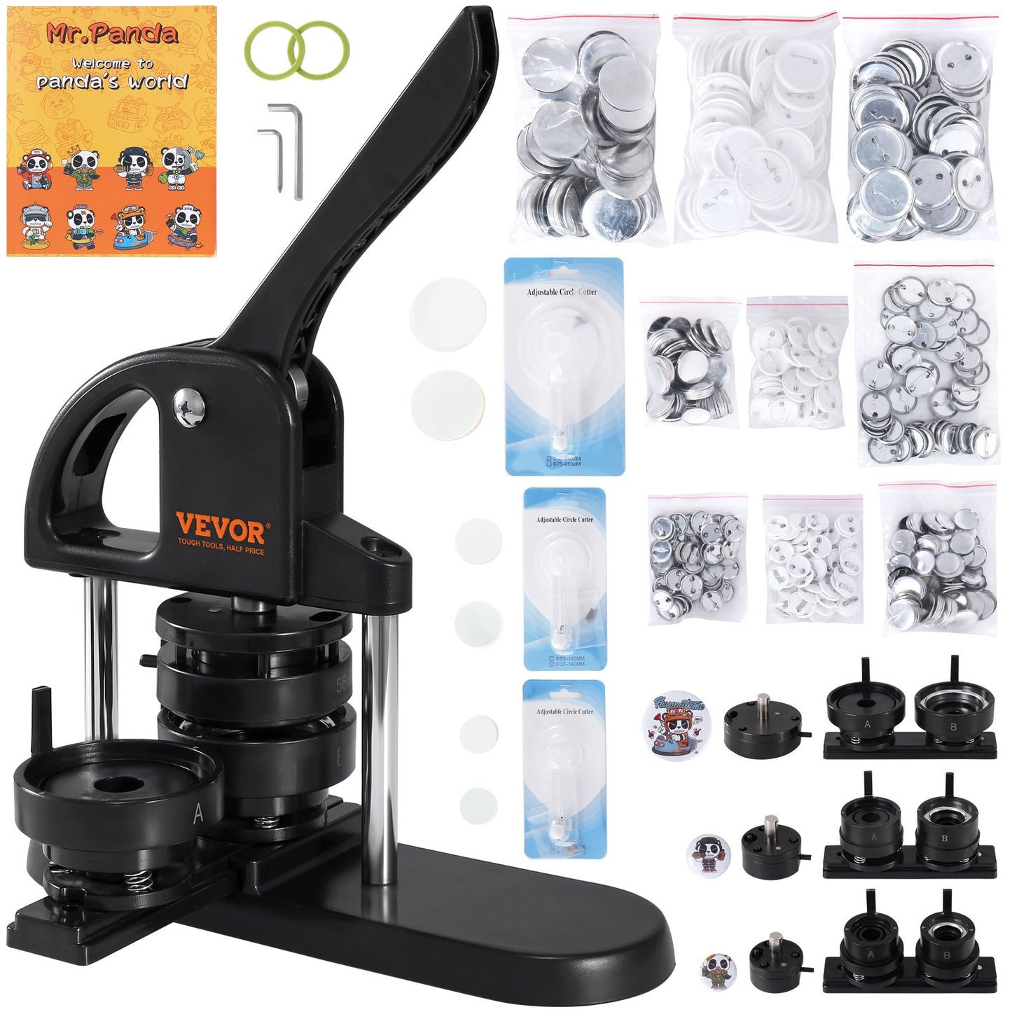 VEVOR Button Maker Machine, 1/1.25/2.28 inch,3-in-1 Pin Maker, Installation-Free Badge W/ 300pcs Button Parts