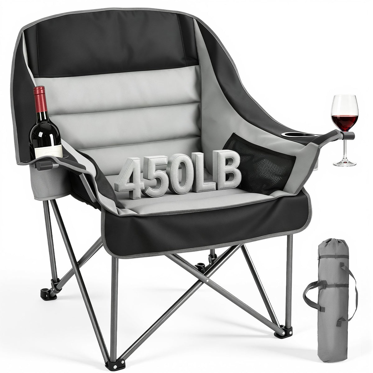 VEVOR Oversized Portable Padded Folding Camping Chairs,450lbs Heavy Duty Support,with Dual Cup Holders & Wine Glass Holders,1 Pack