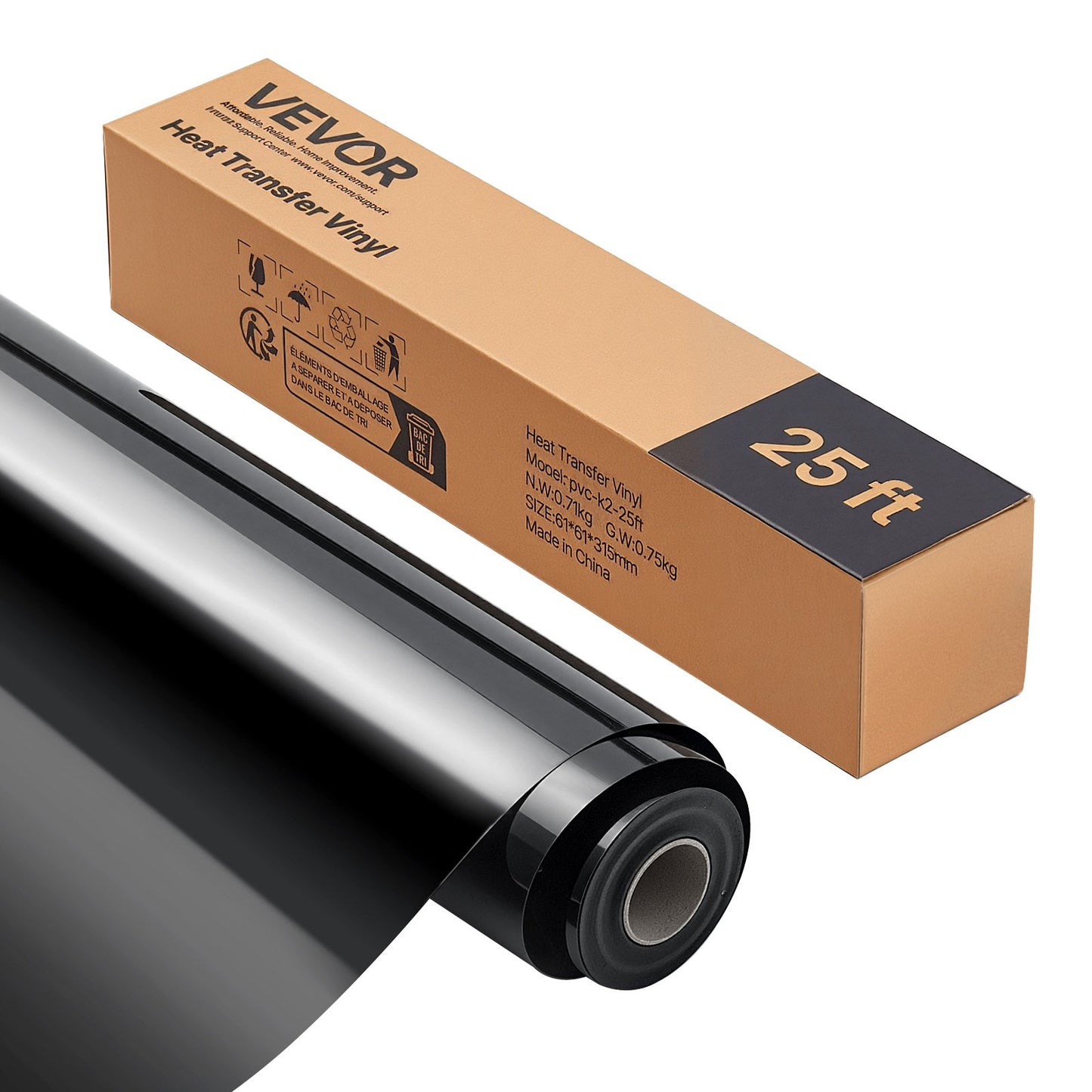 VEVOR Heat Transfer Vinyl, 12 in x 25 ft, Glossy Black HTV Iron on Vinyl Roll, Easy to Cut and Weed,-$13