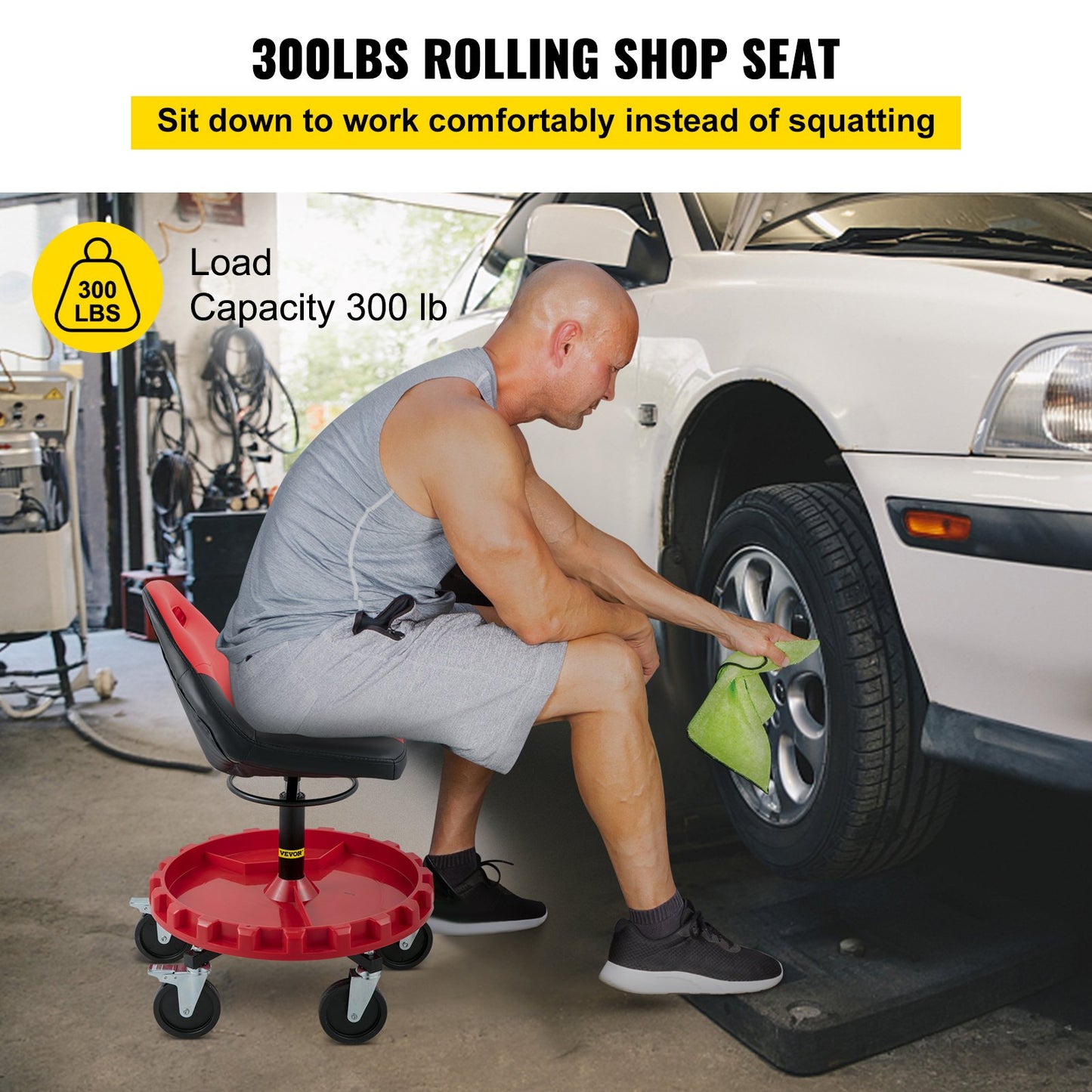 VEVOR Rolling Garage Stool, 300LBS Capacity, 21"-26" Adjustable Height Range, Mechanic Seat, -$90