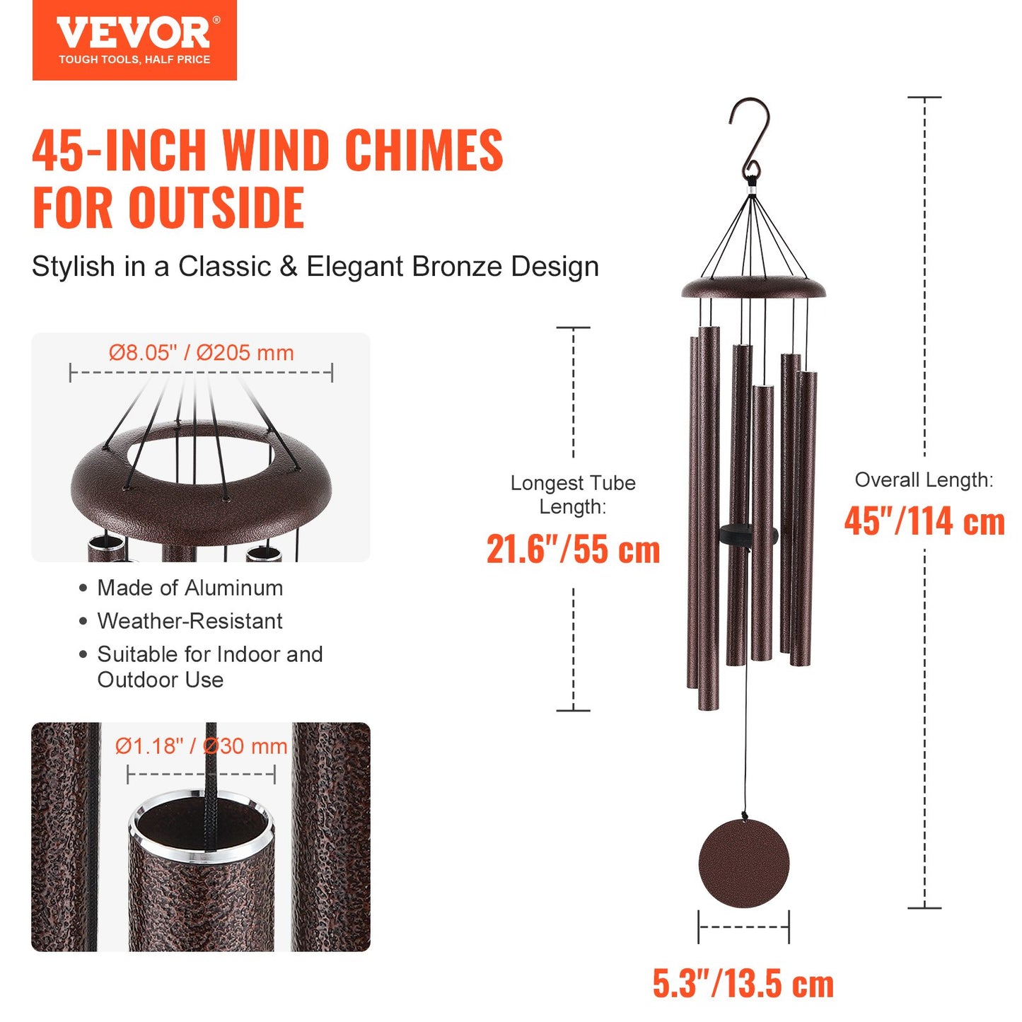 VEVOR Wind Chimes for Outside, 45 in, Deep Tone Wind Chimes with 6 Tubes,Memorial Wind Chimes,-$35