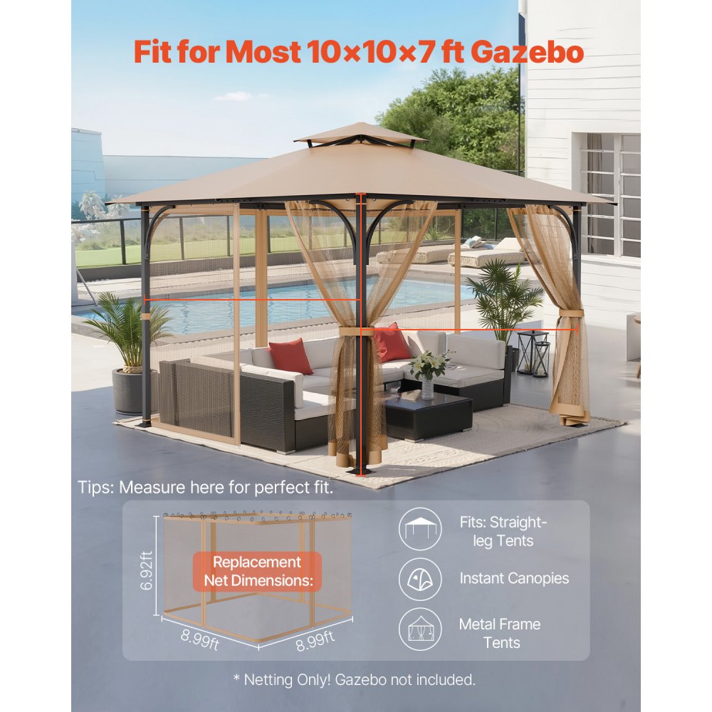 VEVOR Gazebo Netting Replacement, Fit Most 10 x 10 x 7 FT Gazebo Curtain,(Netting Only),-$40