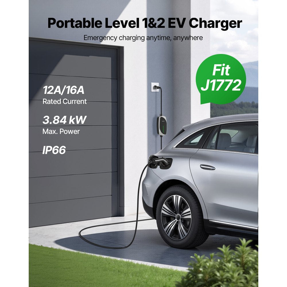 VEVOR Level 1&2 EV Charger, 16 Amp, Electric Vehicle Portable Charger with 25 ft Charging Cable,-$95