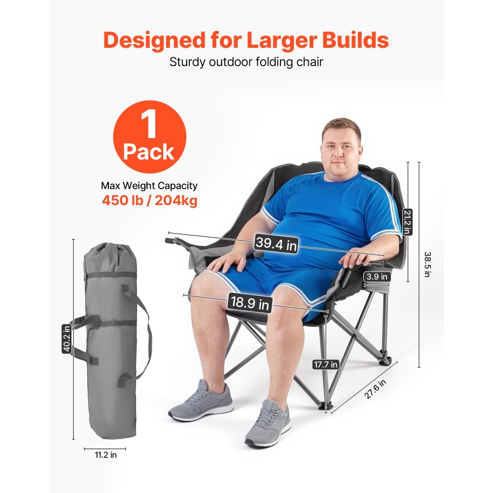 VEVOR Oversized Portable Padded Folding Camping Chairs,450lbs Heavy Duty Support,with Dual Cup Holders & Wine Glass Holders,1 Pack