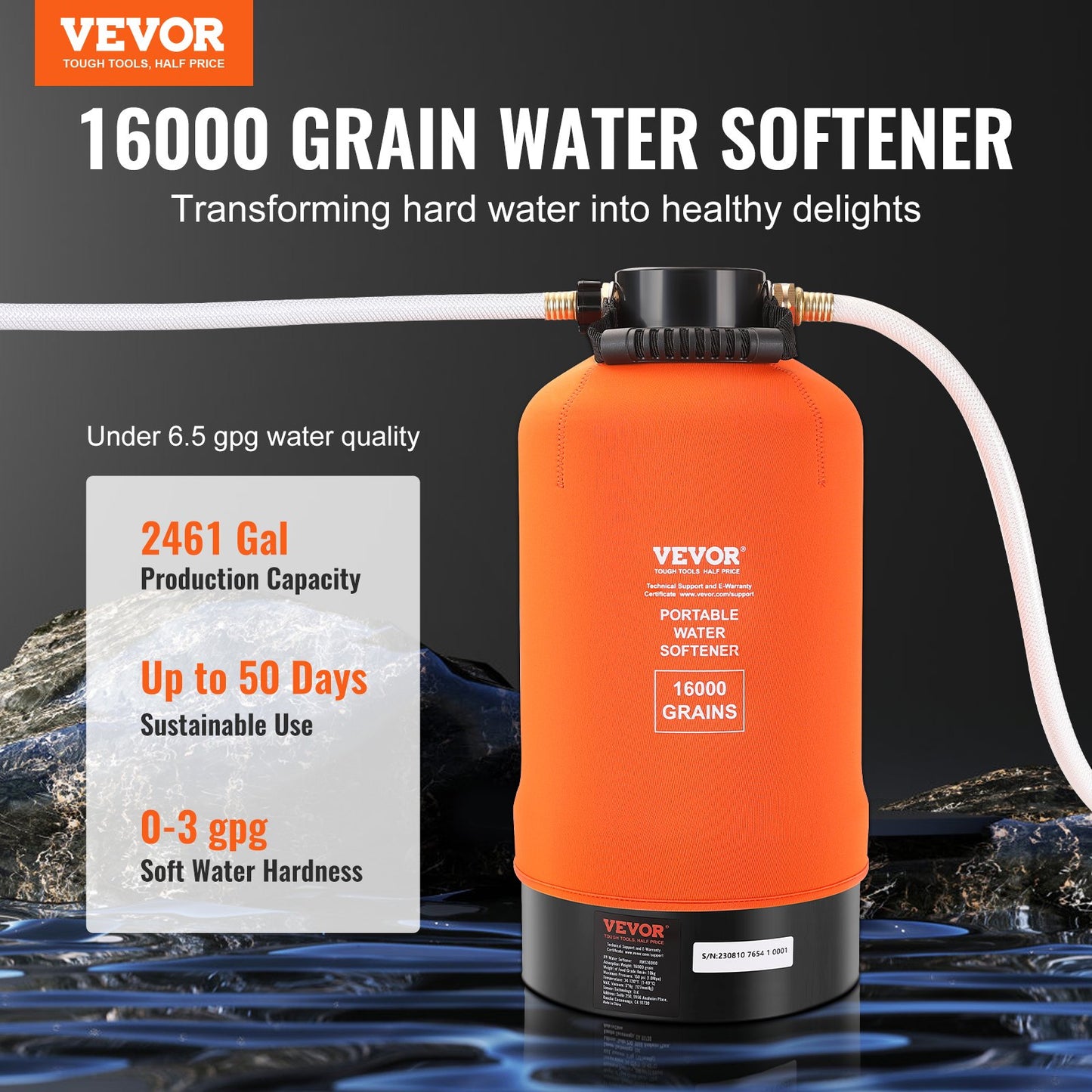 VEVOR RV Water Softener, 16,000 Grain Portable Water Softener, with 3/4" Brass Fittings and 42" Hose,-$125