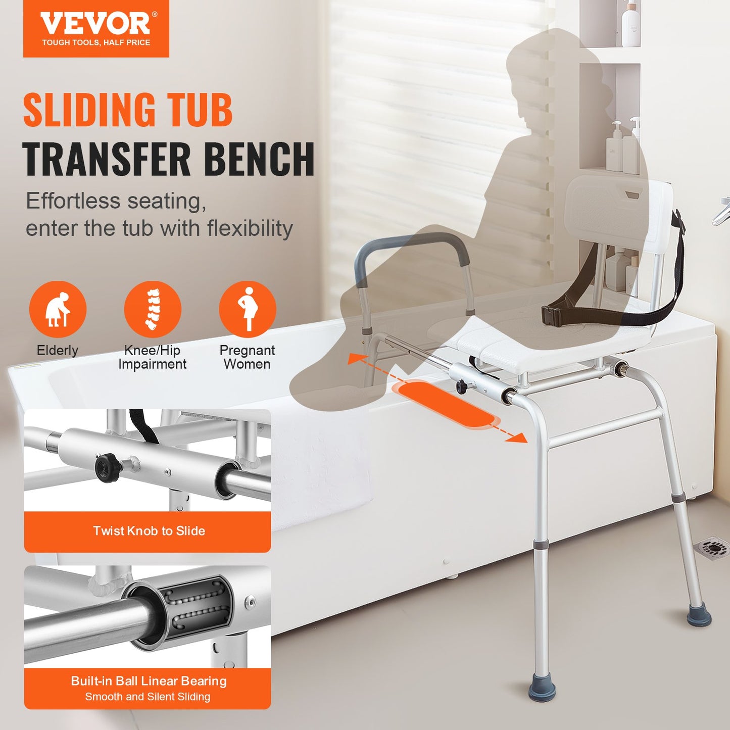 VEVOR Sliding Tub Transfer Bench, Height Adjustable Bathtub Transfer Bench with Cut‑Out Seat,-$75