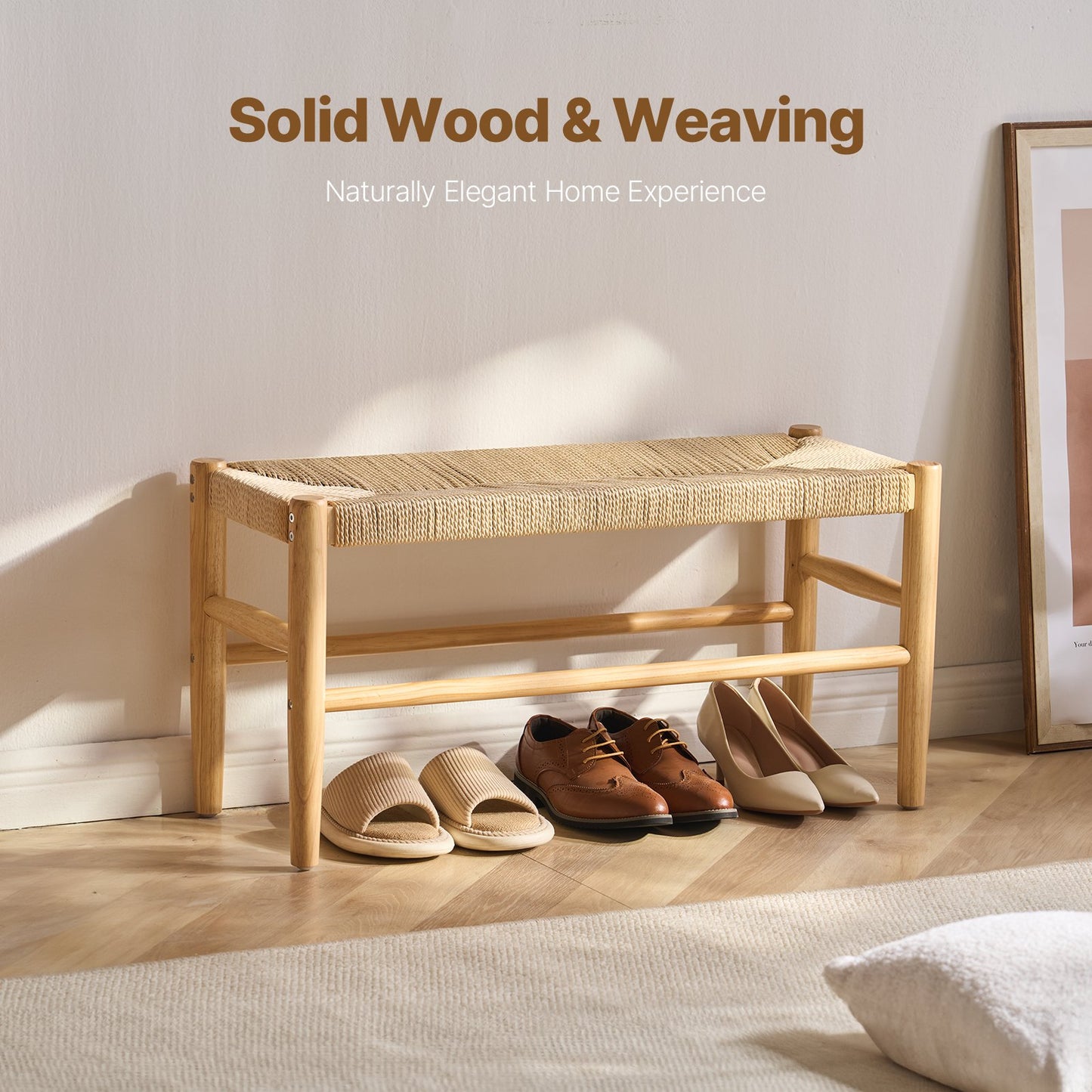 VEVOR Rattan Bench, 31.5" Wooden Rattan Bench, Entrywway Bench with Oak Wood Legs,-$80