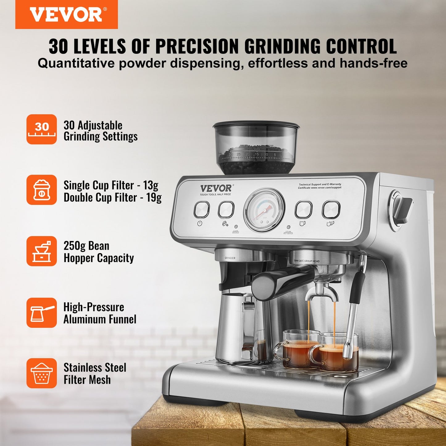 VEVOR Espresso Machine with Grinder, 15 Bar Semi Automatic Espresso Coffee Maker,-$270