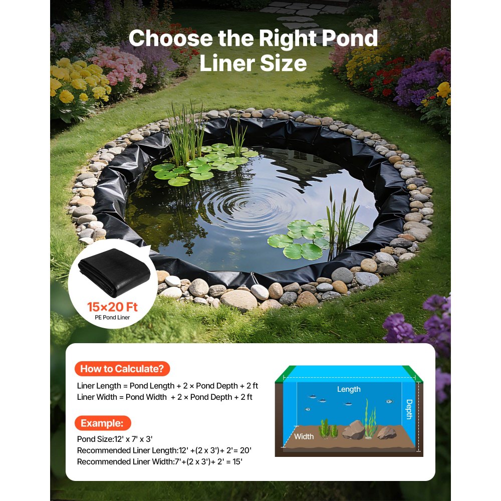 VEVOR 15 ft x 20 ft Pond Liner, 14 Mil, Reinforced PE Fish Koi Pond Liner for Outdoor Ponds,-$40
