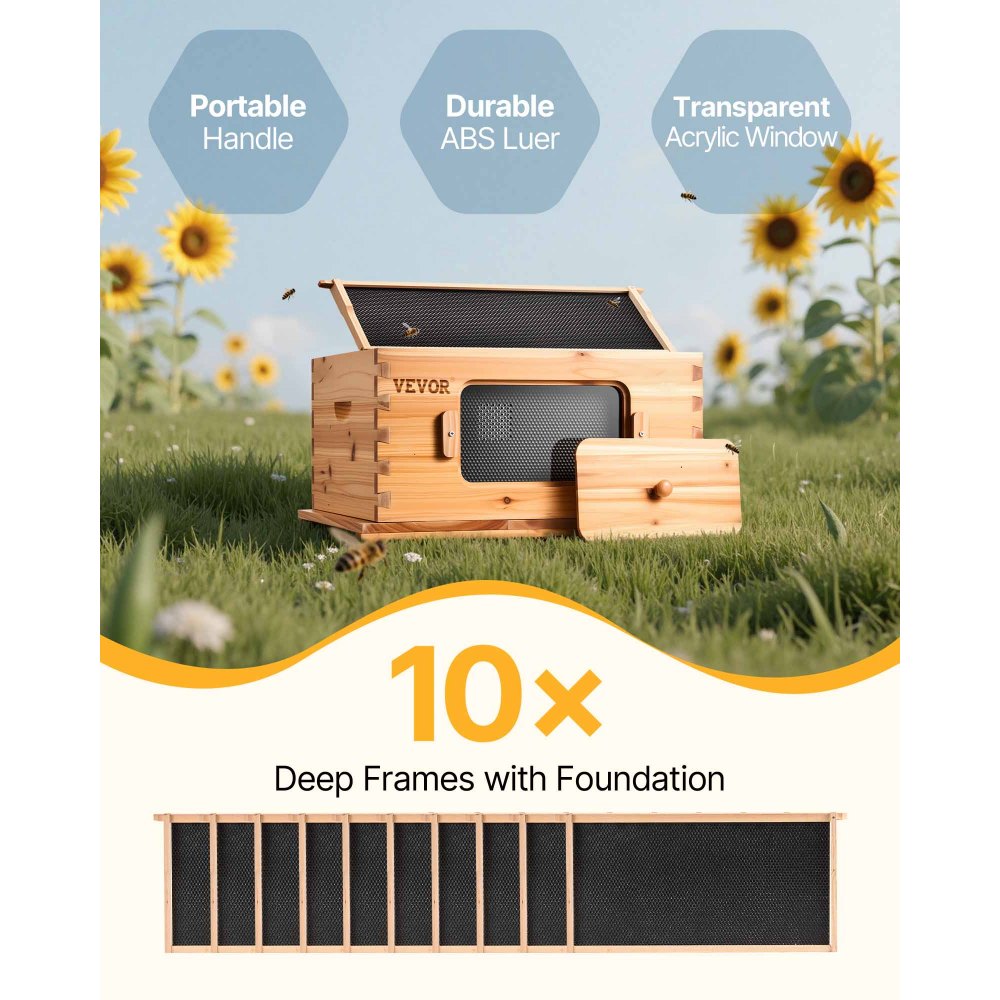 VEVOR Bee Hive Deep Box Starter Kit, 100% Beeswax Coated Natural Fir Wood,-$45