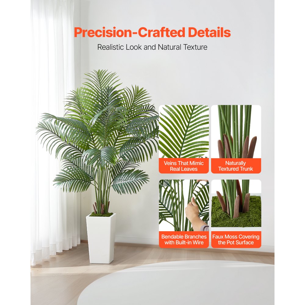 VEVOR Artificial Areca Palm Tree 6 ft, Fake Palm Tropical Plants with White Tall Planter,-$55