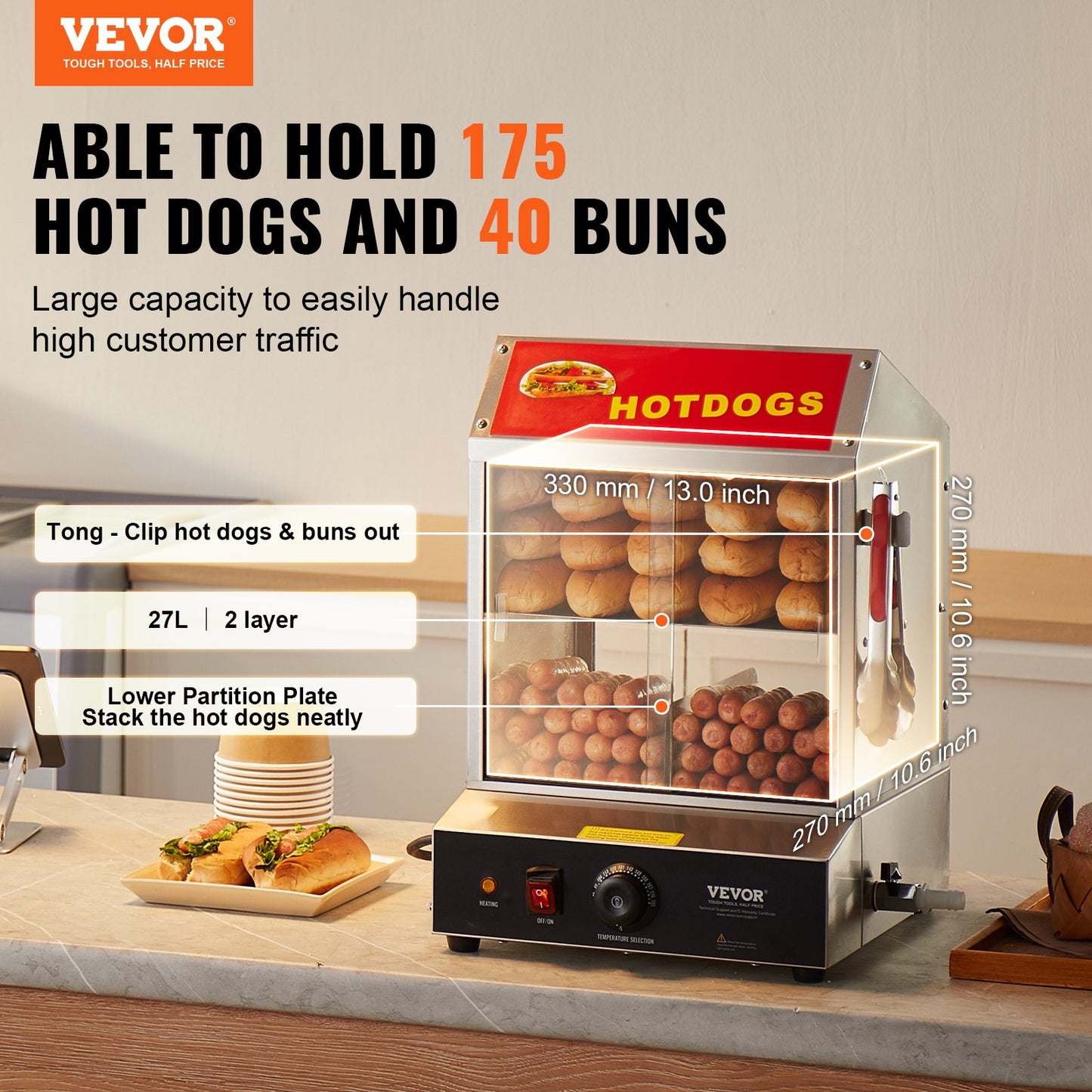 VEVOR Hot Dog Steamer, 28.5QT, 2-Tier Hot Dog Hut Steamer, 86℉~185℉ Temperature Control,-$185