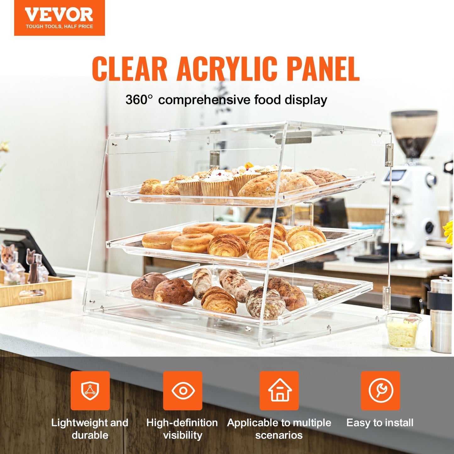 VEVOR Pastry Display Case, 3-Tier Commercial Countertop Bakery Display Case, Acrylic Box,-$90