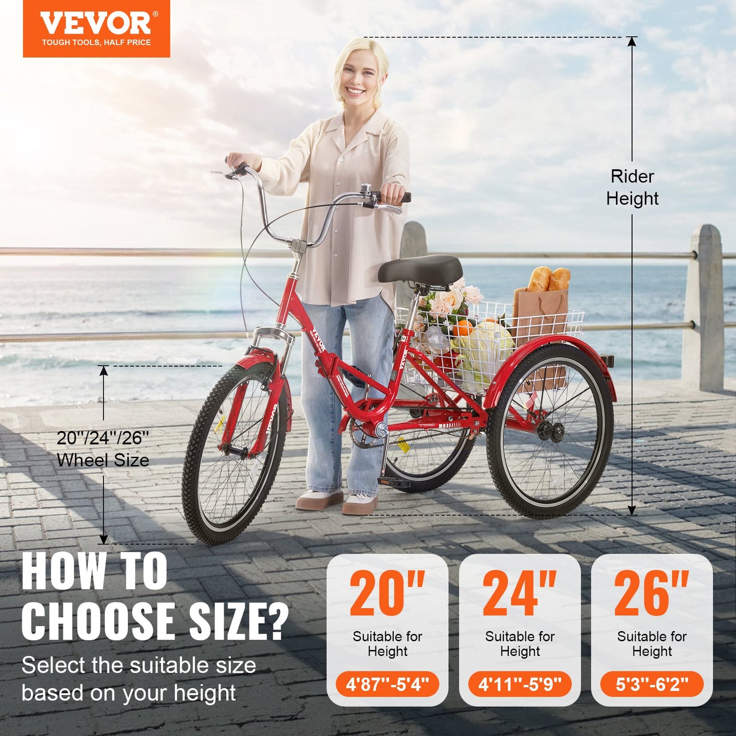 VEVOR Folding Adult Tricycle, 24-Inch Adult Folding Trikes, Carbon Steel 3 Wheel Cruiser Bike,-$250