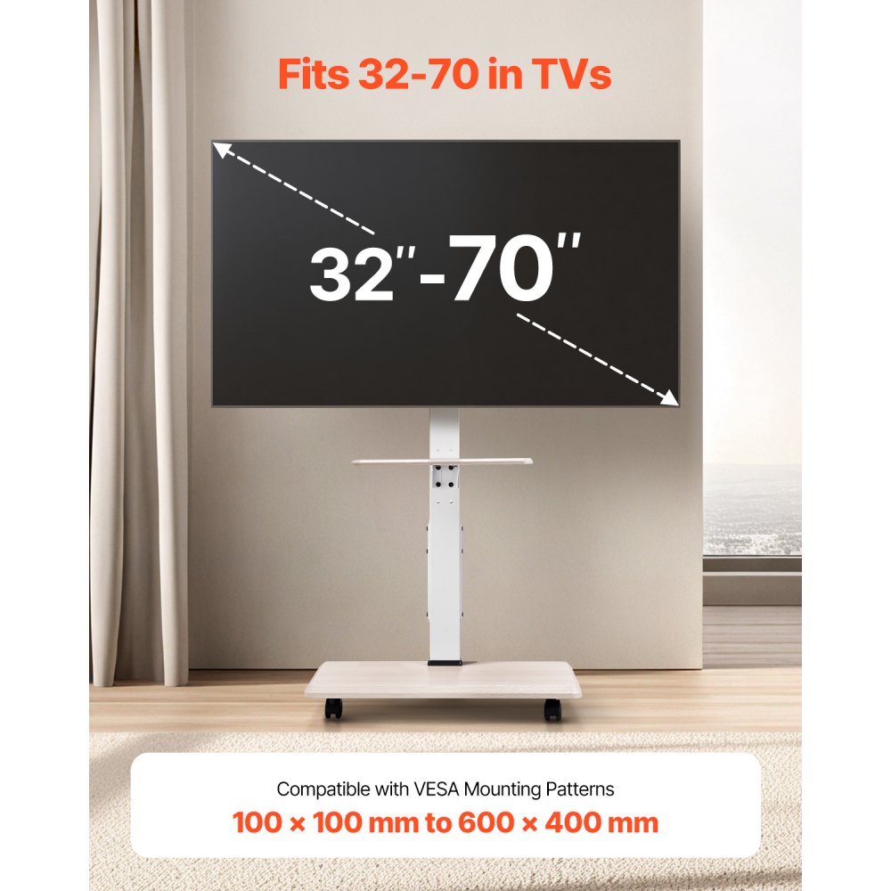 VEVOR Rolling TV Stand, Mobile TV Cart for 32-70 Inch Screens, 25° Left-Right Rotation,-$65