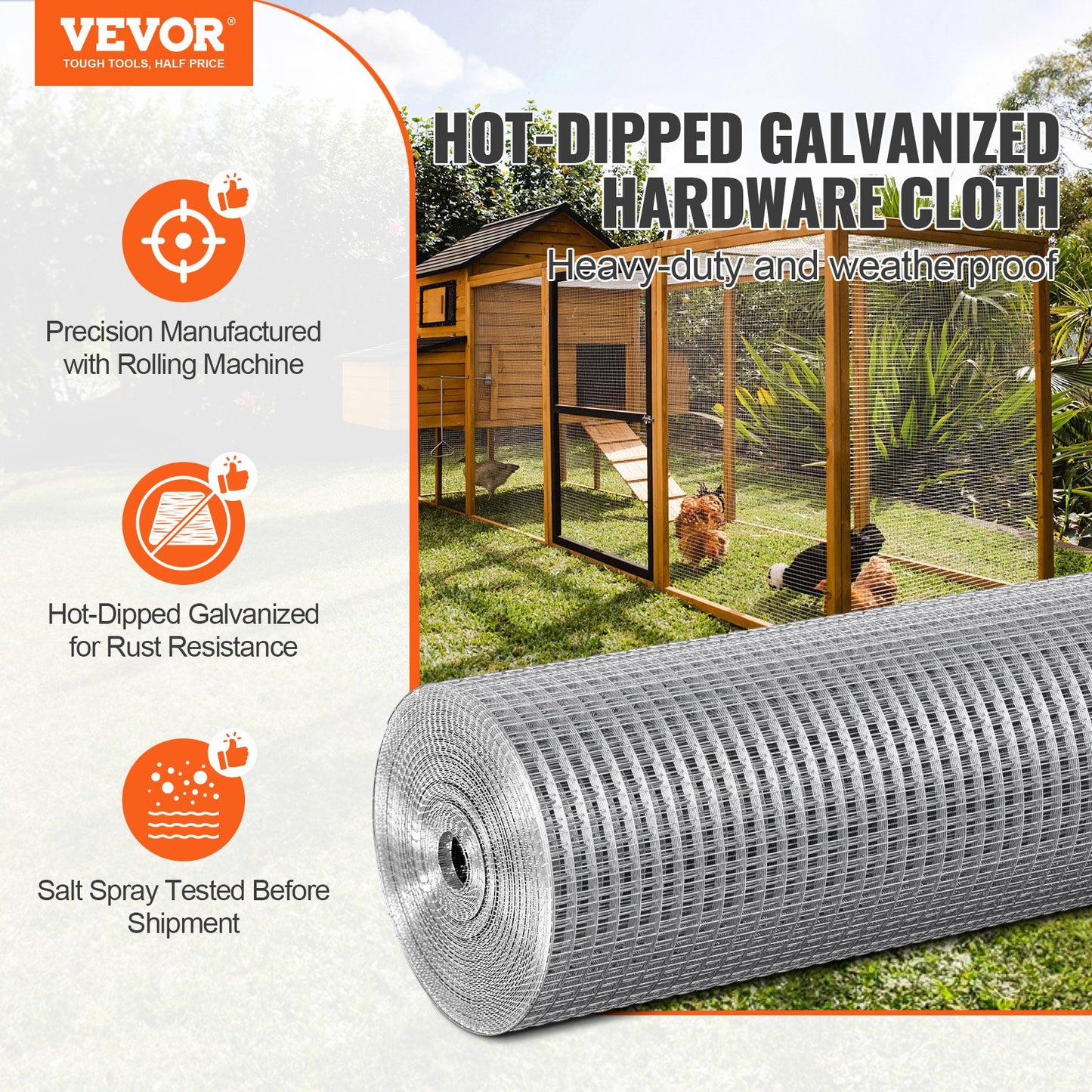 VEVOR Hardware Cloth, 1/2 inch 24in x 100 ft 19 Gauge, Hot Dipped Galvanized Wire Mesh Roll,-$60