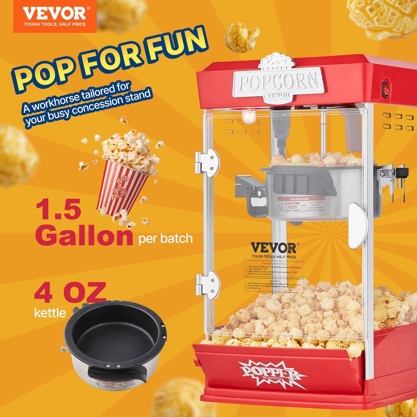 VEVOR Popcorn Maker, 480W Popcorn Popper Machine, 4 Oz Kettle Makes 1.5 Gallon per Batch,-$75