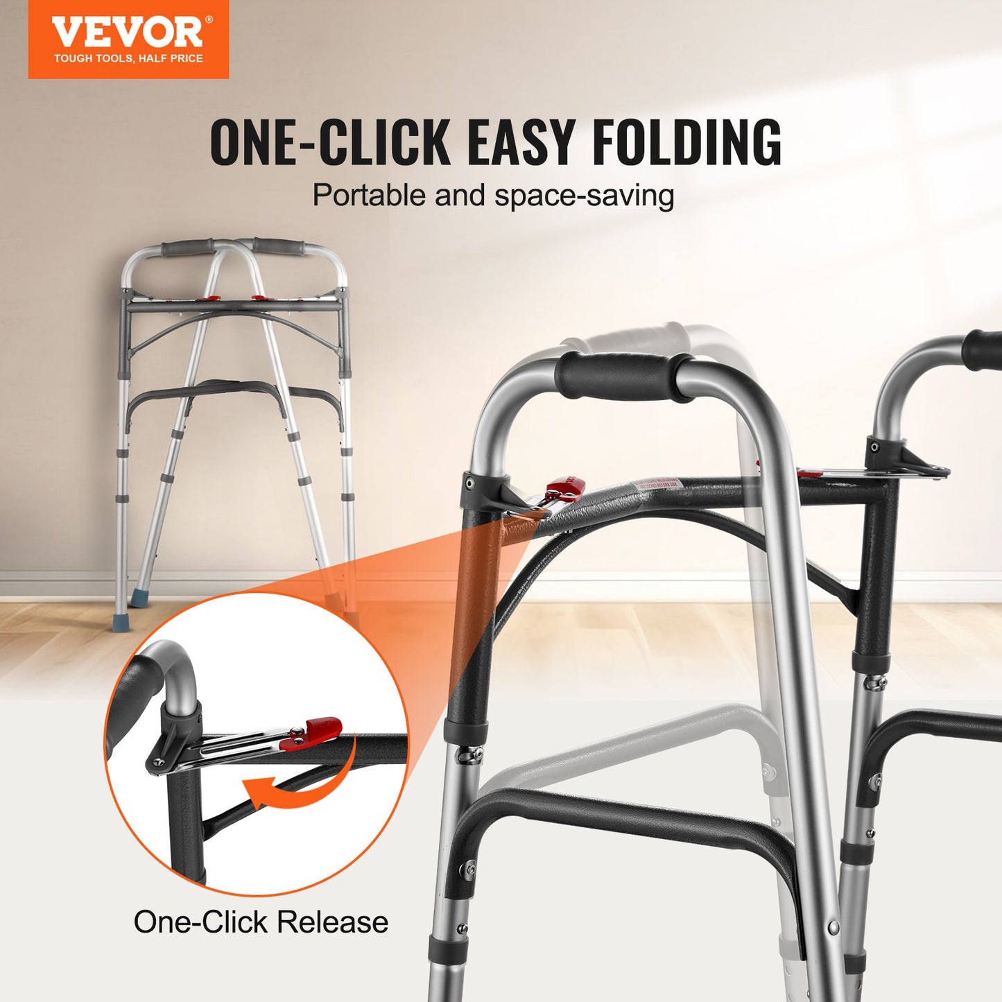 VEVOR Folding Walker, 2-Button Folding Walkers with 8-Level Adj Height and Durable Handles,-$35