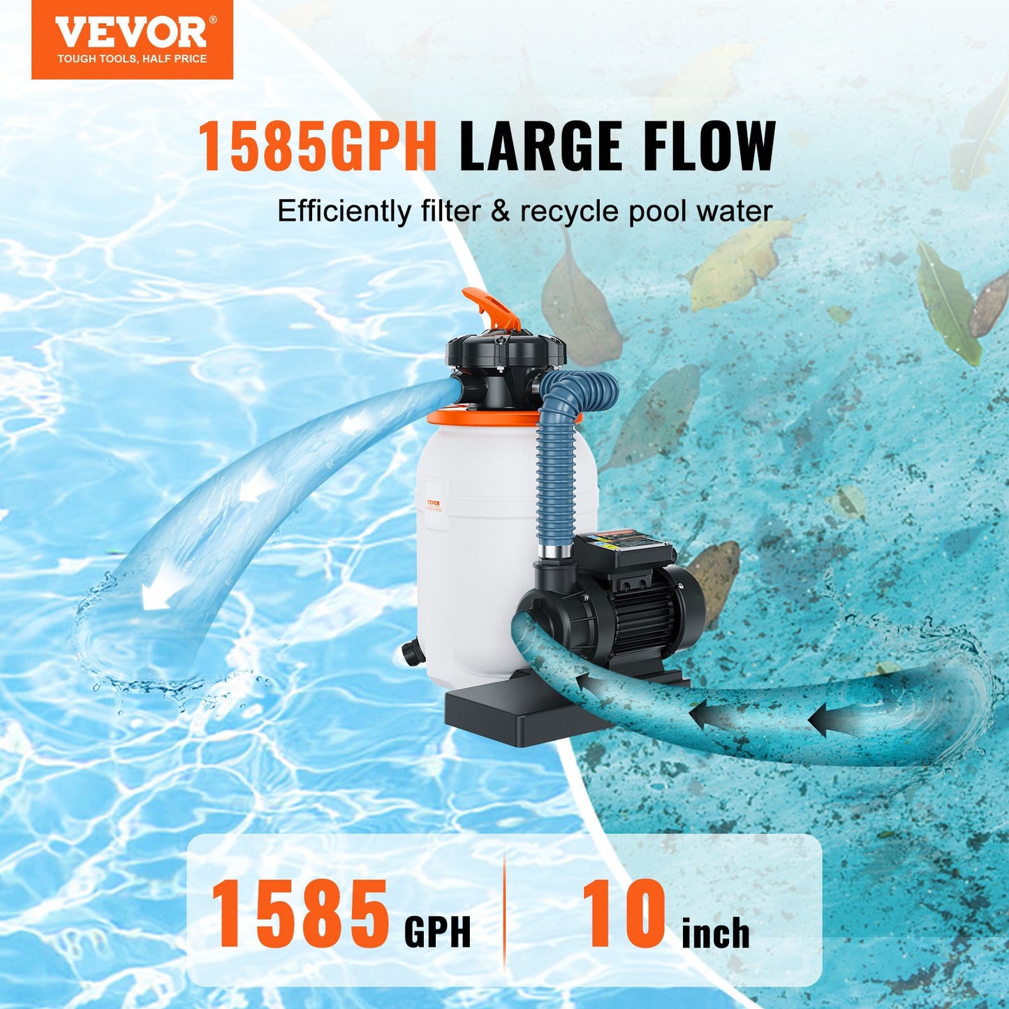 VEVOR Sand Filter Pump for Above Ground Pools, 10-inch, 1585 GPH, 0.33 HP Swimming Pool Pumps,-$100